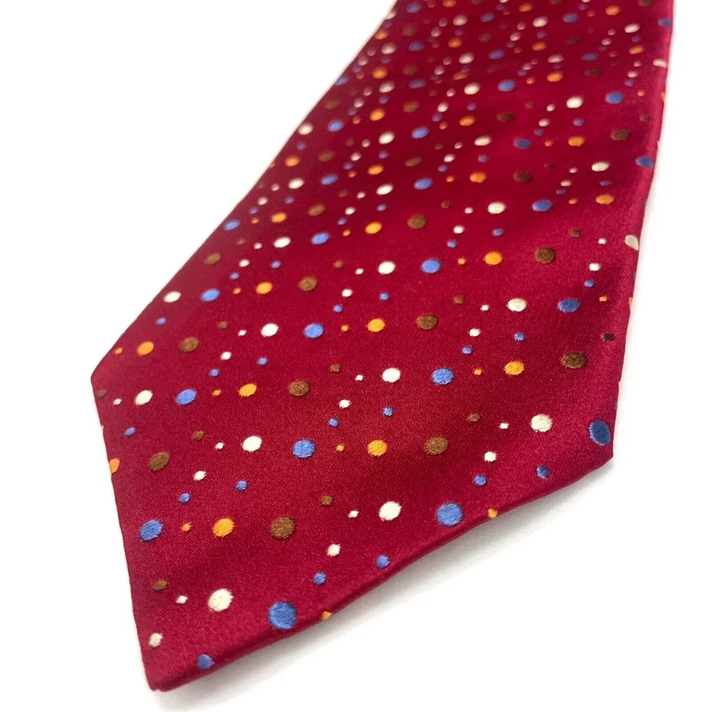 Alfred Dunhill Red Woven Hand Made Multicolor Dots All Silk Necktie Italy $245